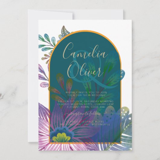 LeahGグリーンパープル金ゴールドジュエルトーンウェディング招待 招待状 (正面)