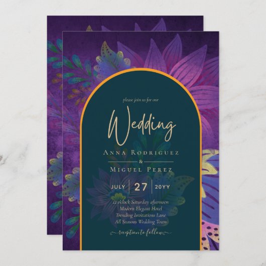 LeahGグリーンパープル金ゴールドジュエルトーンウェディング招待 招待状 (正面/裏面)