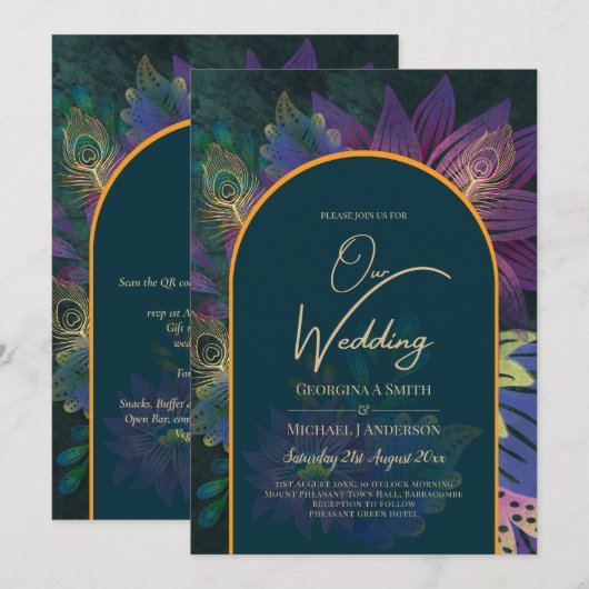 LeahGグリーンパープル金ゴールドジュエルトーンウェディング招待 招待状 (正面/裏面)