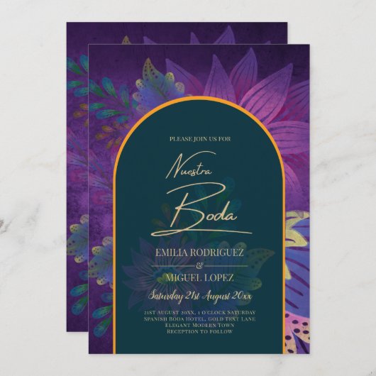 LeahGグリーンパープル金ゴールドジュエルトーンウェディング招待 招待状 (正面/裏面)