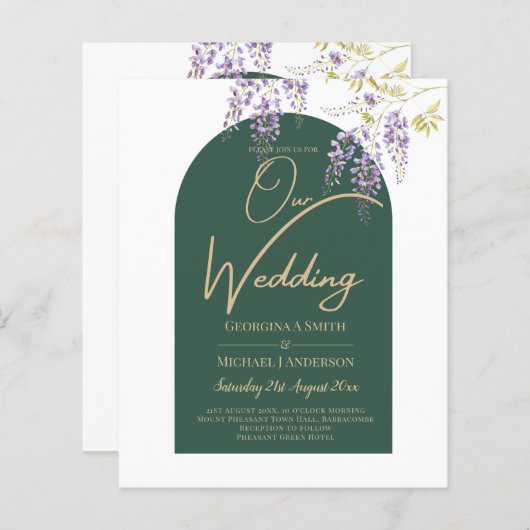 LeahGグリーンパープル金ゴールド藤の結婚式の招待 (正面/裏面)