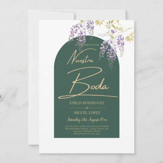 LeahGグリーンパープル金ゴールド藤の結婚式の招待 招待状 (正面)