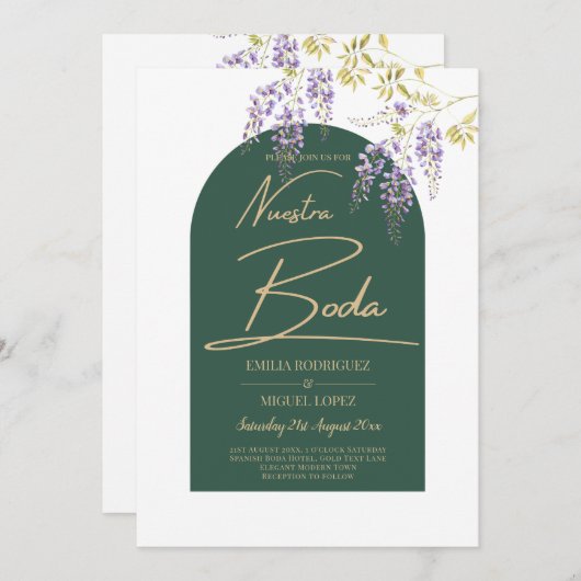 LeahGグリーンパープル金ゴールド藤の結婚式の招待 招待状 (正面/裏面)