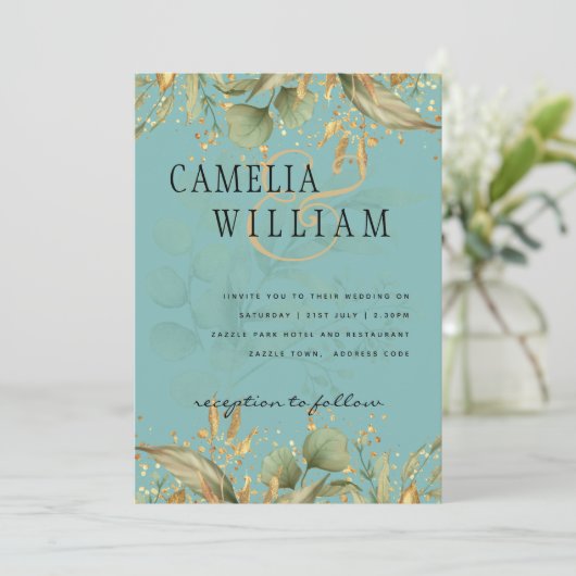 LeahGグリーンリーシーガラスティール(緑がかった色)金ゴールド結婚式の招待 招待状 (スタンド正面)