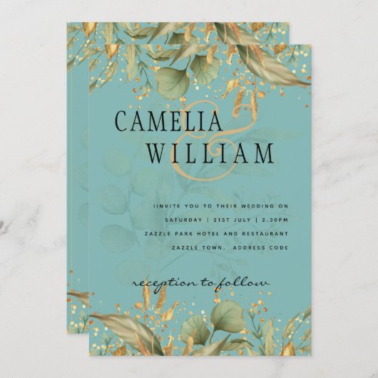 LeahGグリーンリーシーガラスティール(緑がかった色)金ゴールド結婚式の招待 招待状 (正面/裏面)