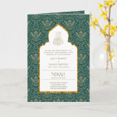 LeahGグリーン金ゴールドイスラム教徒の結婚式の招待 カード (黄色い花)