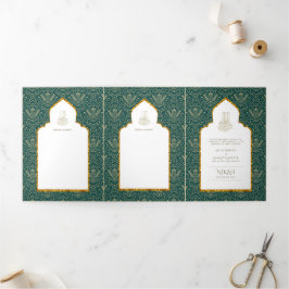 LeahGグリーン金ゴールドイスラム教徒の結婚式の招待 三つ折り招待状