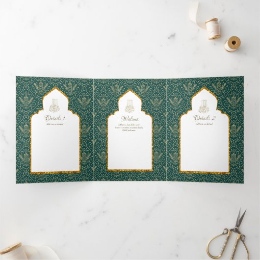 LeahGグリーン金ゴールドイスラム教徒の結婚式の招待 三つ折り招待状 (内部)