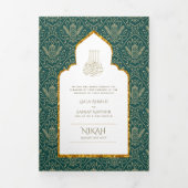 LeahGグリーン金ゴールドイスラム教徒の結婚式の招待 三つ折り招待状 (カバー)