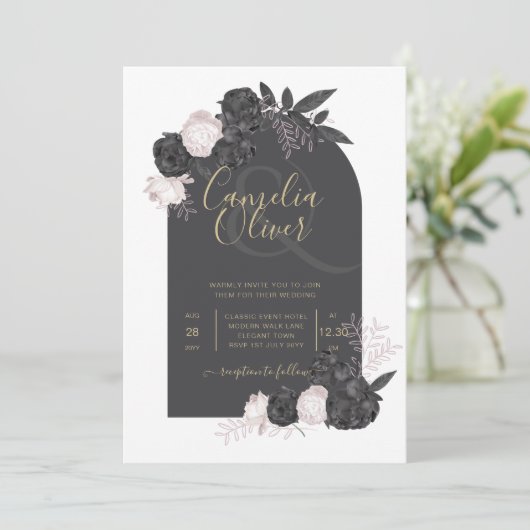 LeahGグレーピンクローズモダン秋冬の結婚式 招待状 (スタンド正面)