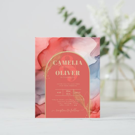 LeahGコーラルネイビーブルー金ゴールドインクウェディング招待 (スタンド正面)