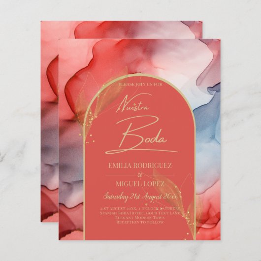 LeahGコーラルネイビーブルー金ゴールドインクウェディング招待 (正面/裏面)