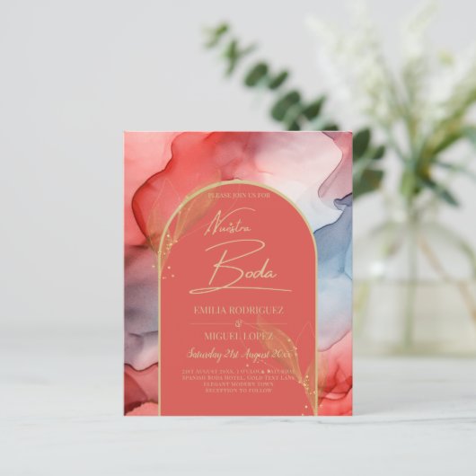 LeahGコーラルネイビーブルー金ゴールドインクウェディング招待 (スタンド正面)