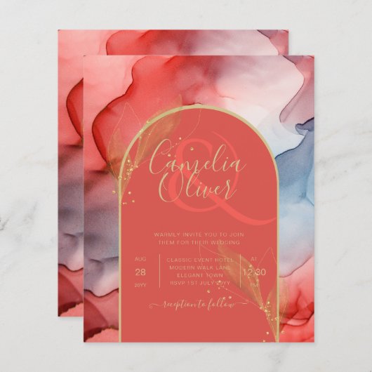 LeahGコーラルネイビーブルー金ゴールドインクウェディング招待 (正面/裏面)