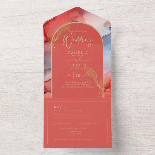 LeahGコーラルネイビーブルー金ゴールドインクウェディング招待 オールインワン招待状 (内側)