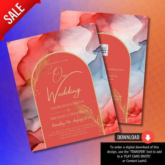 LeahGコーラルネイビーブルー金ゴールドインクウェディング招待 チラシ