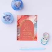 LeahGコーラルネイビーブルー金ゴールドインクウェディング招待 チラシ (シングル)