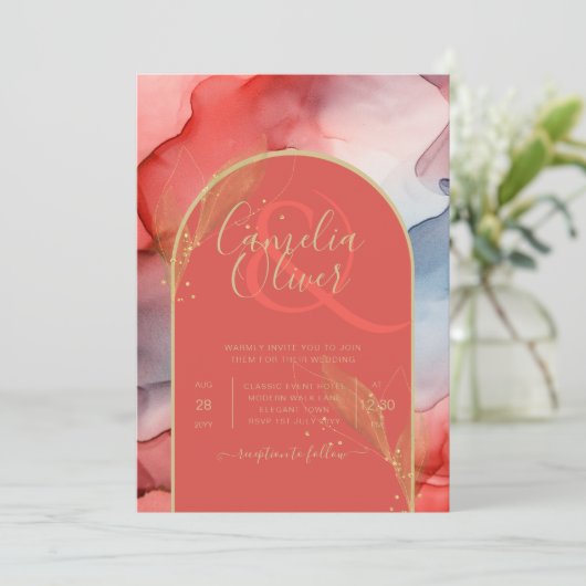 LeahGコーラルネイビーブルー金ゴールドインクウェディング招待 招待状 (スタンド正面)