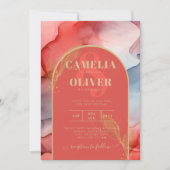 LeahGコーラルネイビーブルー金ゴールドインクウェディング招待 招待状 (正面)