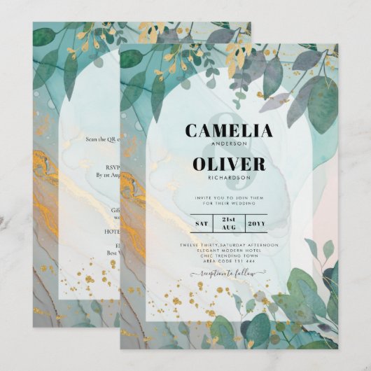 LeahGザーグラスインクティール（緑がかった色）金ゴールド結婚グリーナリーの請求書 招待状 (正面/裏面)