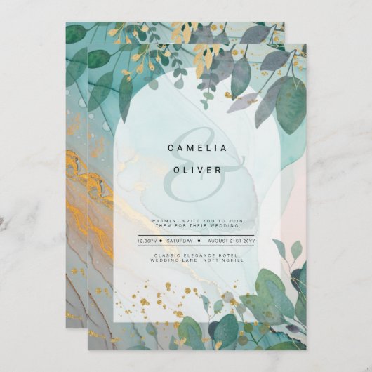 LeahGザーグラスインクティール(緑がかった色)金ゴールド結婚グリーナリーの請求書 招待状 (正面/裏面)