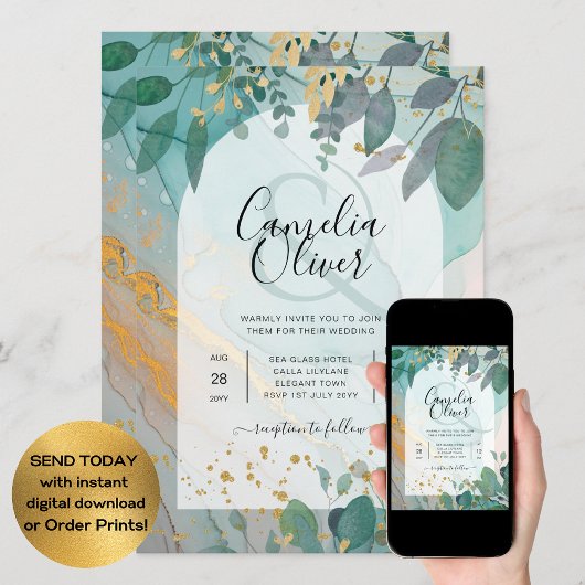 LeahGザーグラスインクティール（緑がかった色）金ゴールド結婚グリーナリーの請求書 招待状