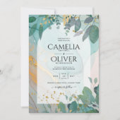 LeahGザーグラスインクティール(緑がかった色)金ゴールド結婚グリーナリーの請求書 招待状 (正面)