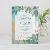 LeahGザーグラスインクティール(緑がかった色)金ゴールド結婚グリーナリーの請求書 招待状 (スタンド正面)