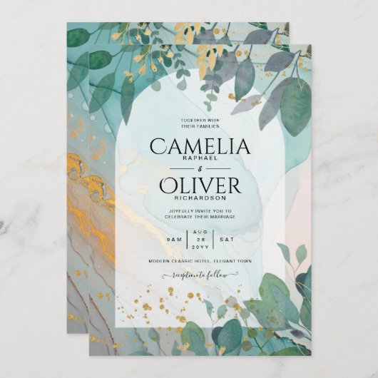 LeahGザーグラスインクティール(緑がかった色)金ゴールド結婚グリーナリーの請求書 招待状 (正面/裏面)