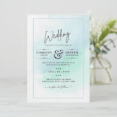 LeahGシーガラスターコイズティール（緑がかった色）ブルーウェディング招待 招待状 (スタンド正面)