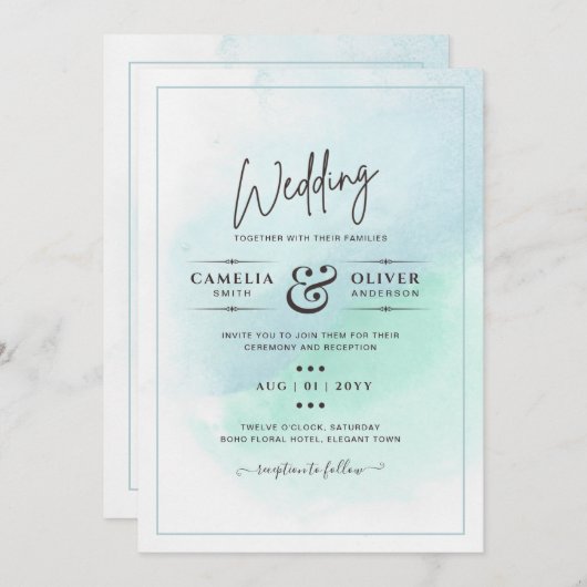 LeahGシーガラスターコイズティール（緑がかった色）ブルーウェディング招待 招待状