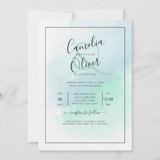 LeahGシーガラスターコイズティール（緑がかった色）ブルーウェディング招待 招待状 (正面)