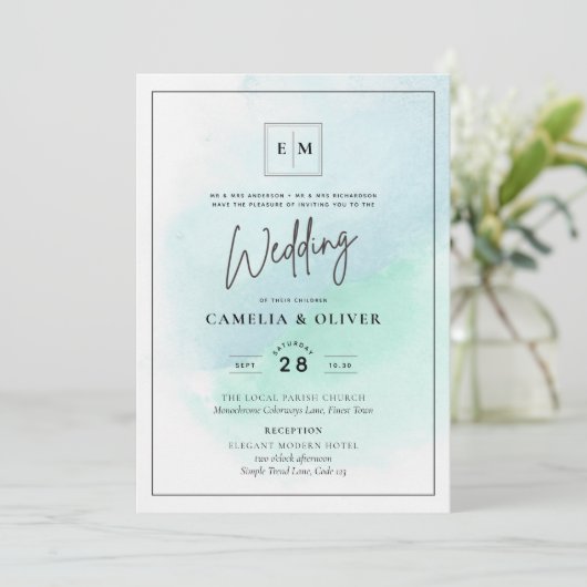 LeahGシーガラスターコイズティール(緑がかった色)ブルーウェディング招待 招待状 (スタンド正面)