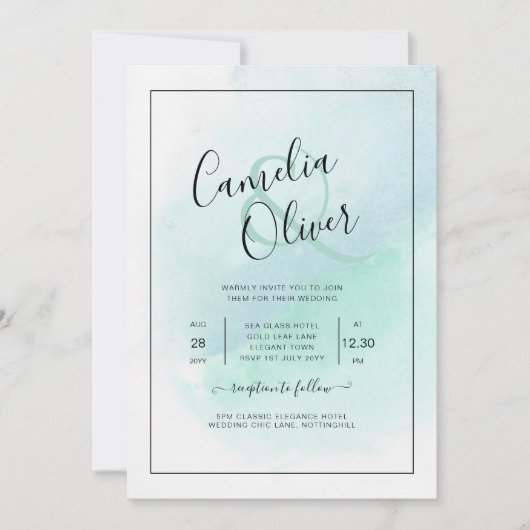 LeahGシーガラスターコイズティール（緑がかった色）ブルーウェディング招待 招待状 (正面)