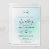 LeahGシーガラスターコイズティール(緑がかった色)ブルーウェディング招待 招待状 (正面/裏面)