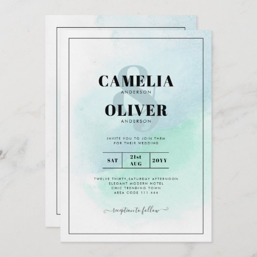 LeahGシーガラスターコイズティール（緑がかった色）ブルーウェディング招待 招待状 (正面/裏面)