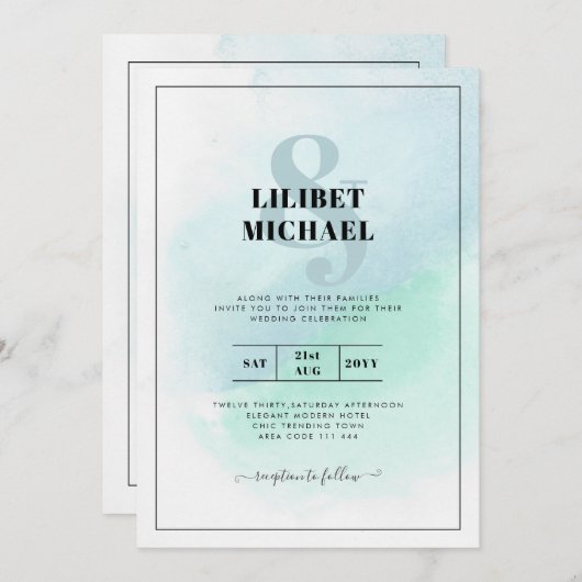 LeahGシーガラスターコイズティール（緑がかった色）ブルーウェディング招待 招待状 (正面/裏面)