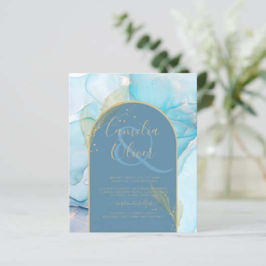 LeahGシーガラス金ゴールドインクアクアブルーウェディング招待 (スタンド正面)