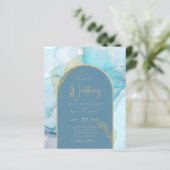 LeahGシーガラス金ゴールドインクアクアブルーウェディング招待 (スタンド正面)