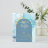 LeahGシーガラス金ゴールドインクアクアブルーウェディング招待 (スタンド正面)