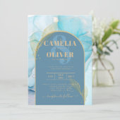 LeahGシーガラス金ゴールドインクアクアブルーウェディング招待 招待状 (スタンド正面)