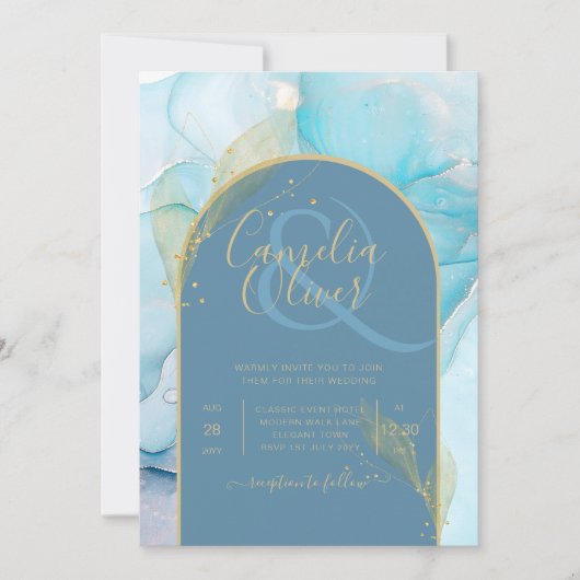 LeahGシーガラス金ゴールドインクアクアブルーウェディング招待 招待状 (正面)