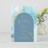 LeahGシーガラス金ゴールドインクアクアブルーウェディング招待 招待状 (スタンド正面)