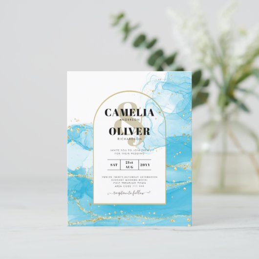 LeahGターコイズ金ゴールドアクアブルーウェディングINVITE (スタンド正面)