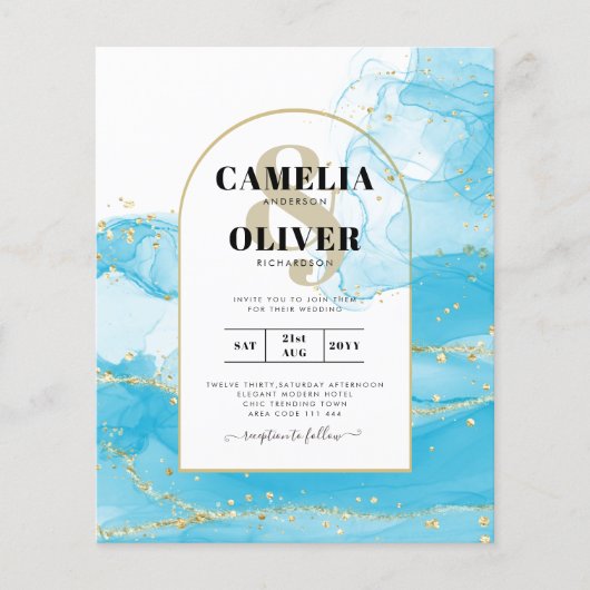 LeahGターコイズ金ゴールドアクアブルーウェディングINVITE (正面)