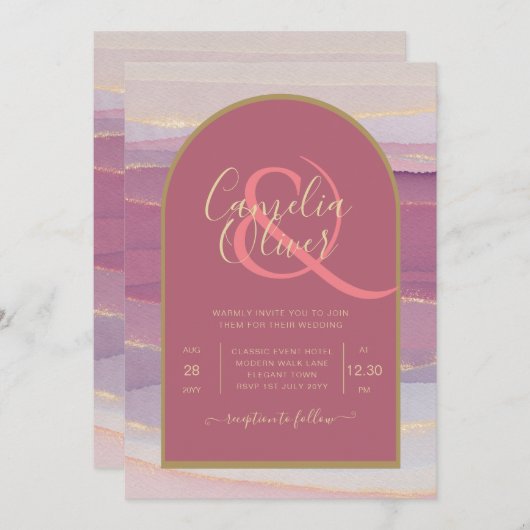 LeahGダスティバララベンダー金ゴールド結婚式の招待 招待状 (正面/裏面)