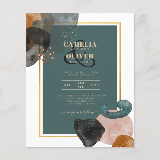 Leahgティール(緑がかった色)アーストーンウェディングQRコードを招待 チラシ (正面)