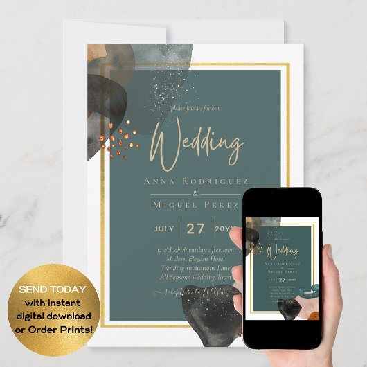 Leahgティール（緑がかった色）アーストーンウェディングQRコードを招待 招待状