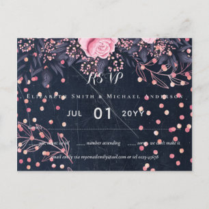 LeahGデニムブルーロセゴルドピンク結婚フローラ ポストカード
