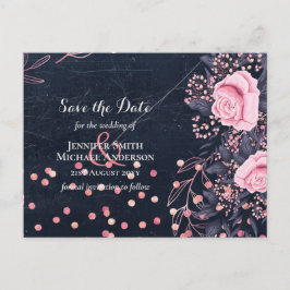 LeahGデニムブルーロセゴルドピンク結婚フローラ ポストカード